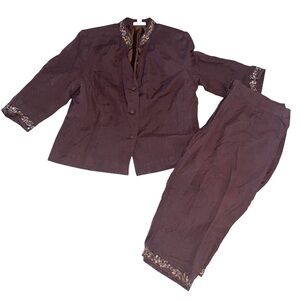DRESSBARN Two Piece Linen Brown Beaded Jacket 18W with Matching Brown Pants 22W